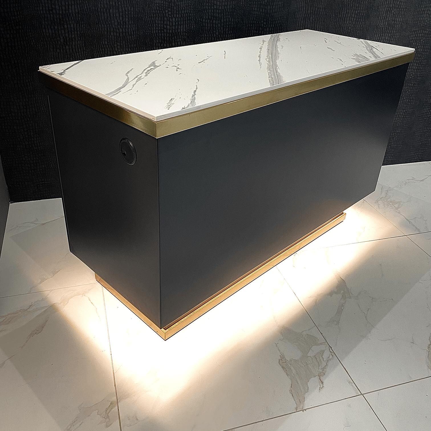 The Matrix Desk - Charcoal Black & Gold with White Patterned Stone Top by SEC