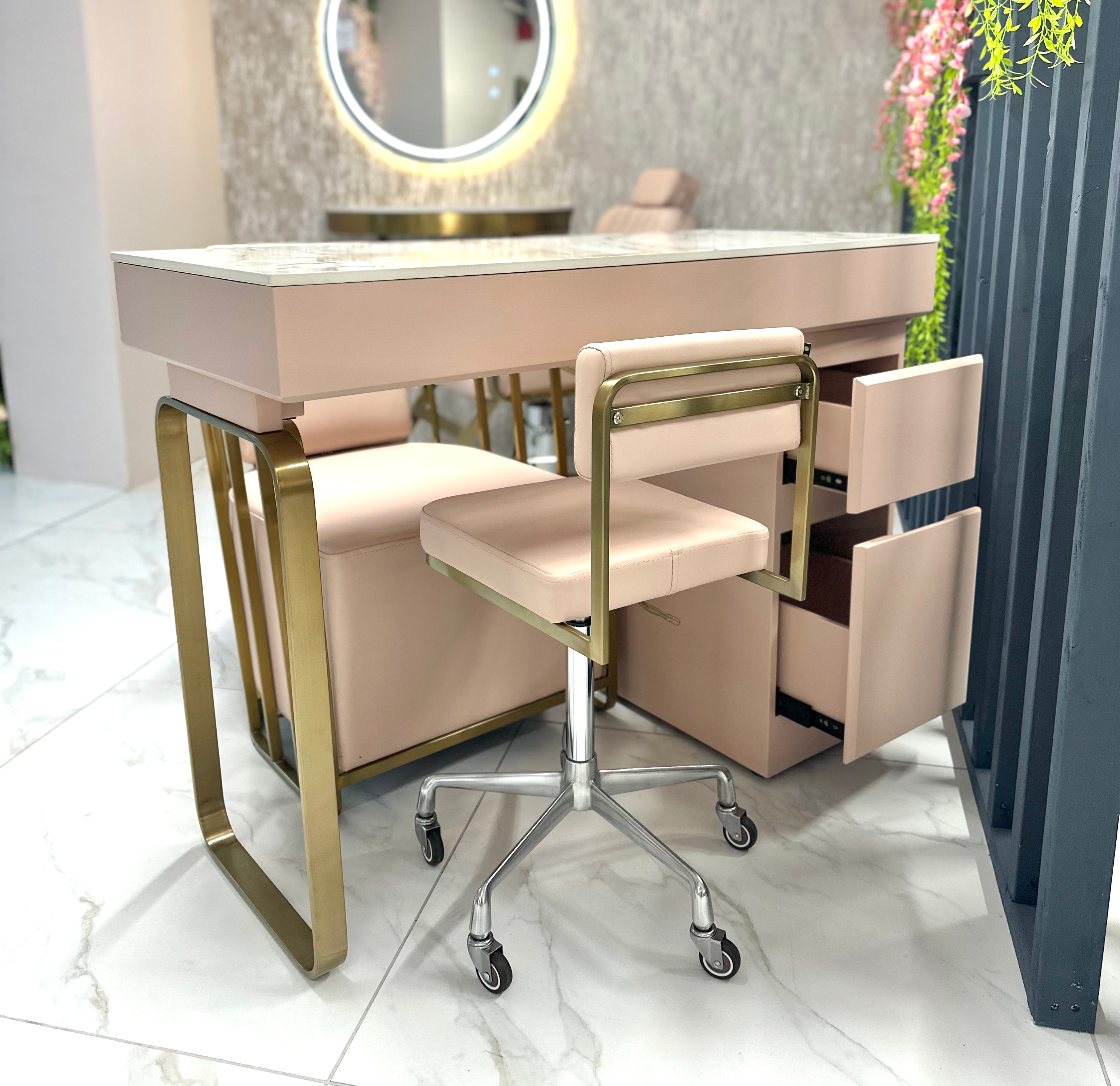 The Maia Nail Desk with White Gold Stone Top - Pink & Gold by SEC