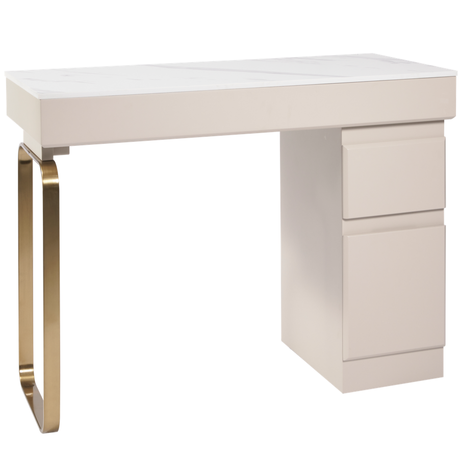 The Maia Nail Desk with White Patterned Stone Top - Ivory & Gold by SEC