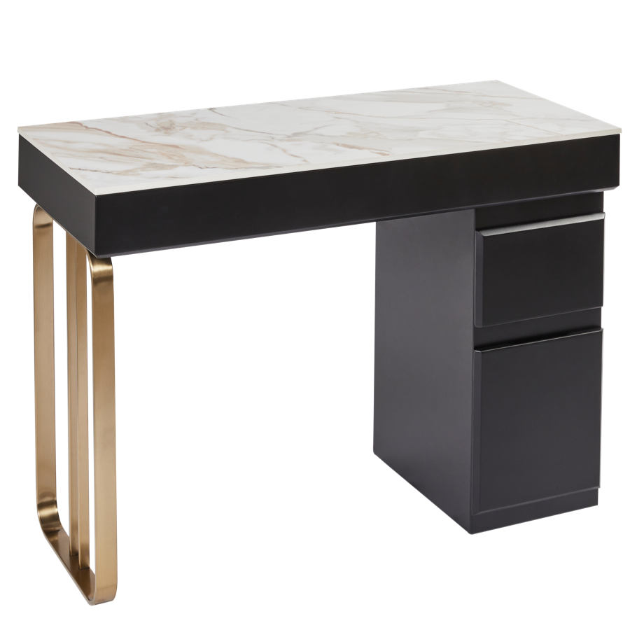 The Alia Nail Desk with White Gold Stone Top - Black & Gold by SEC