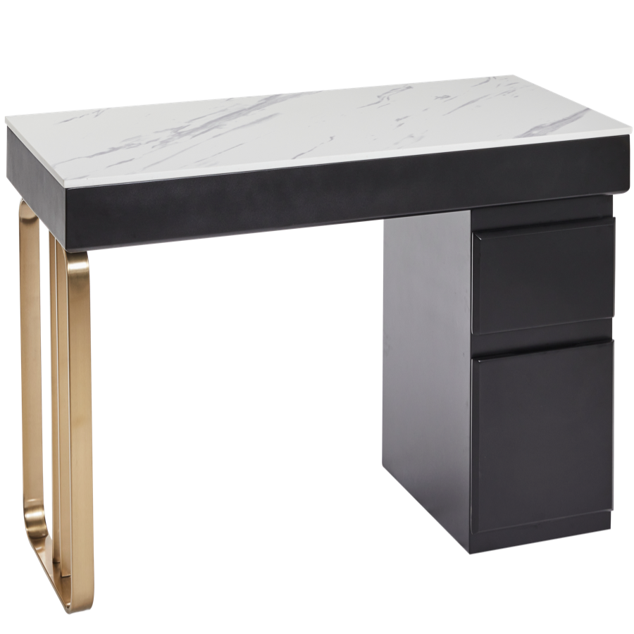 The Alia Nail Desk with White Patterned Stone Top - Black & Gold by SEC