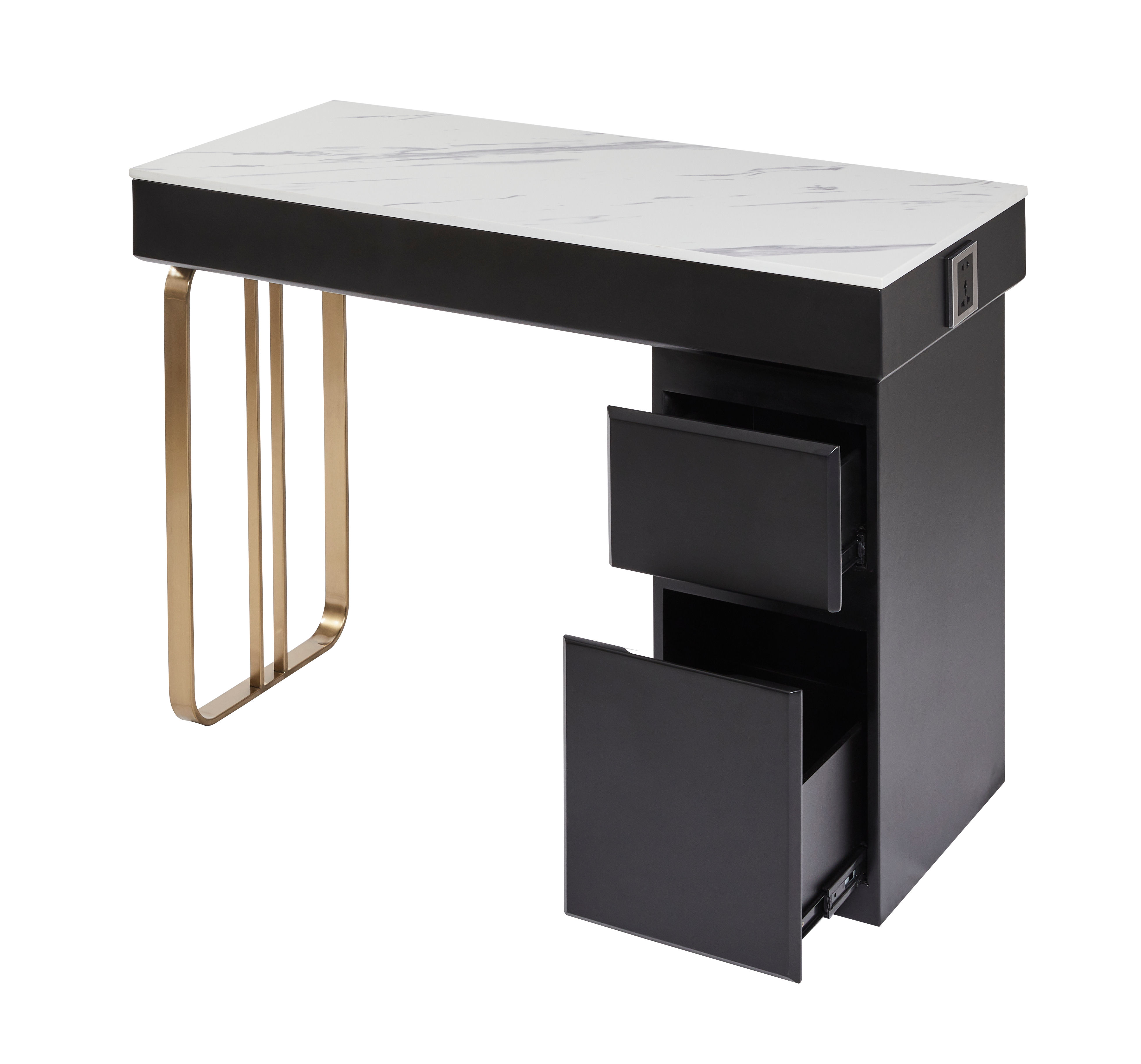 The Alia Nail Desk with White Patterned Stone Top - Black & Gold by SEC