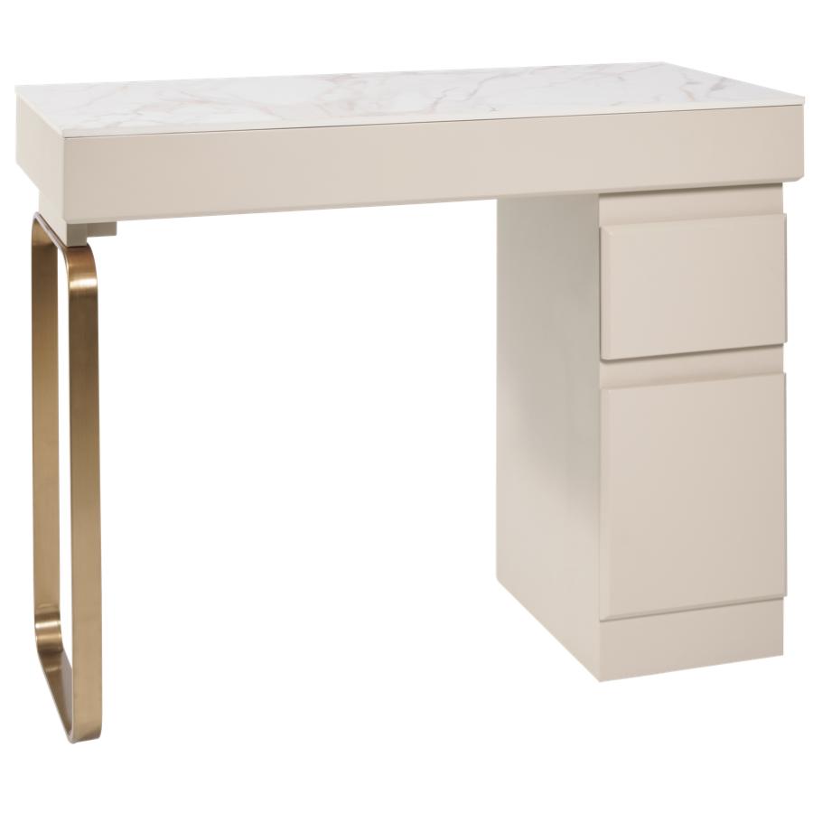 The Maia Nail Desk with White Gold Patterned Stone Top - Ivory & Gold by SEC