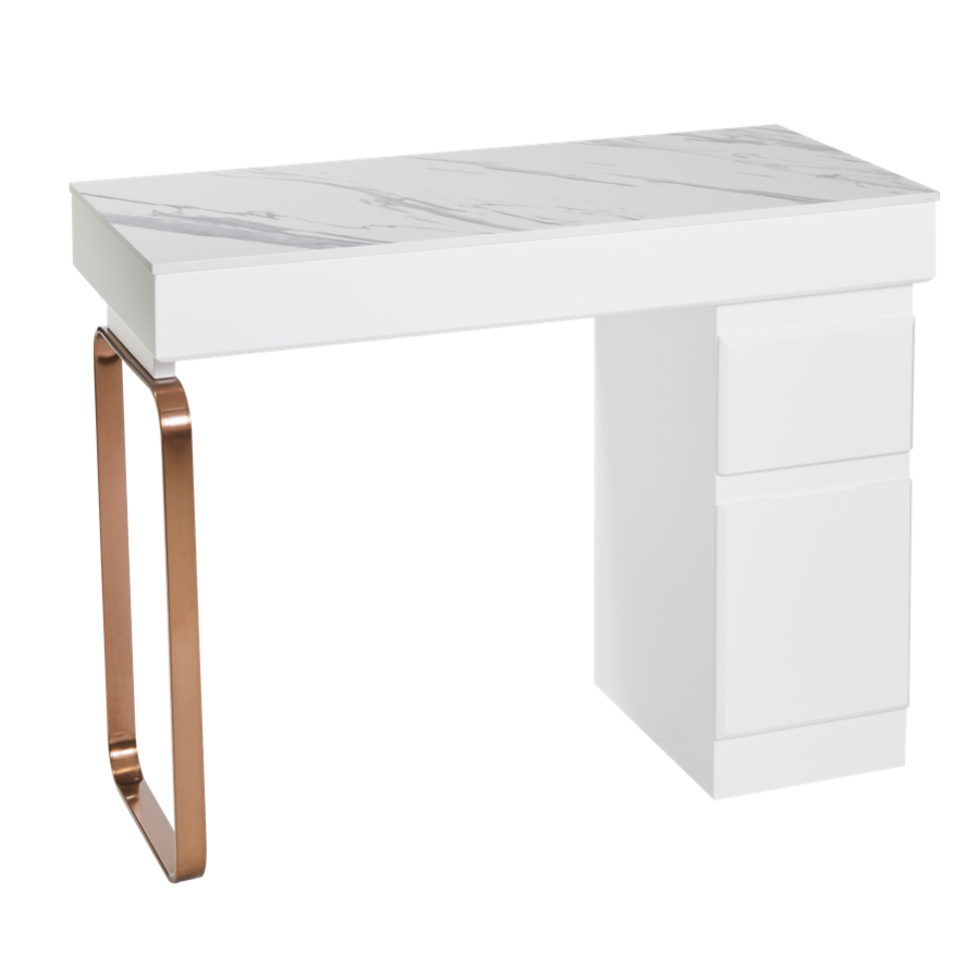 The Maia Nail Desk with White Patterned Stone Top - Copper & White by SEC