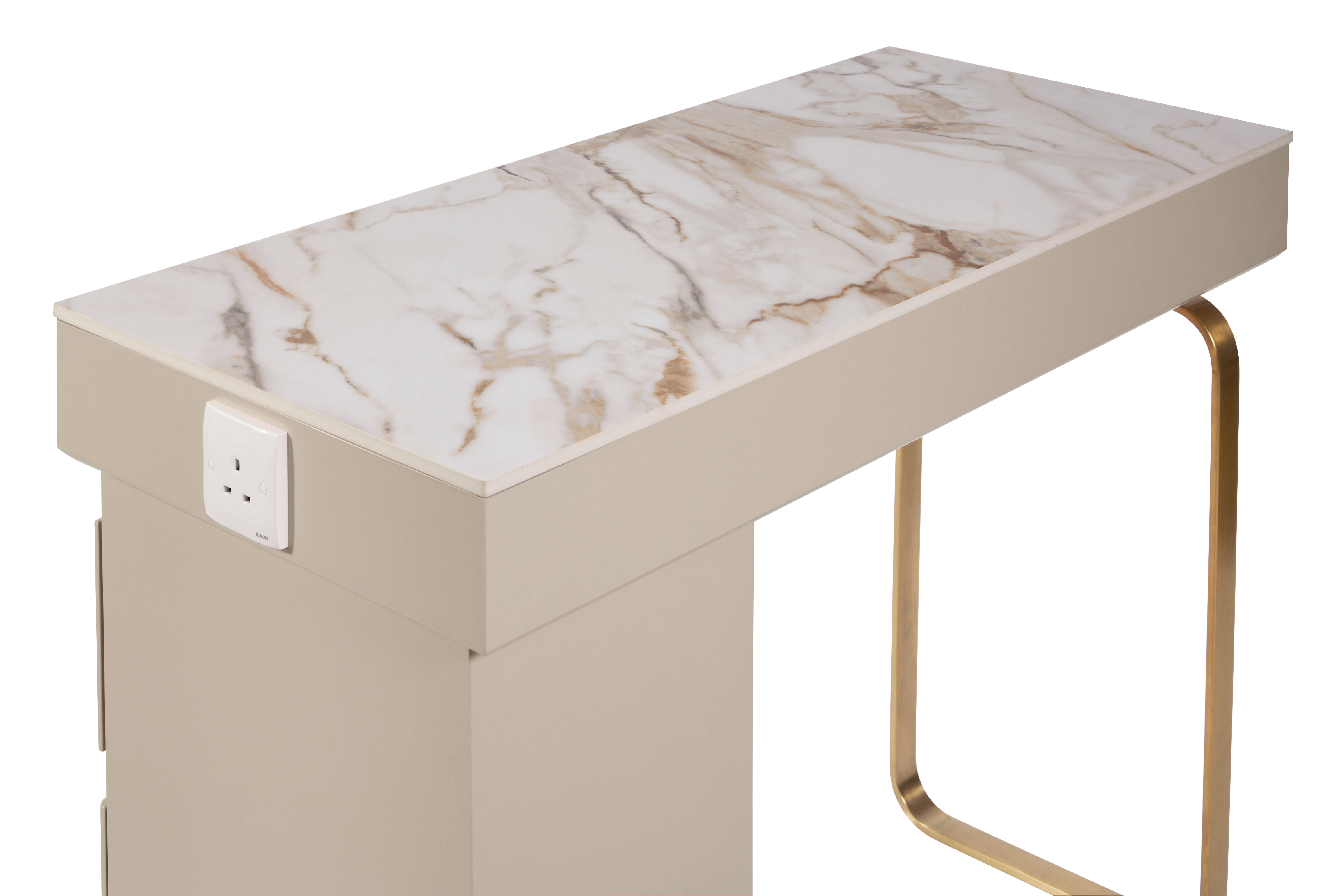 The Maia Nail Desk with White Gold Patterned Stone Top - Hessian & Gold by SEC