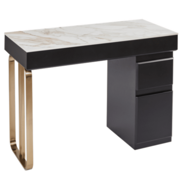 The Alia Nail Desk - Black & Gold with White Gold Natural Stone Top by SEC