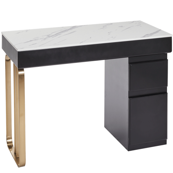 The Alia Nail Desk - Black & Gold with White Pattern Natural Stone Top by SEC