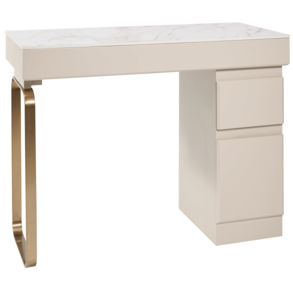 The Maia Nail Desk - Ivory & Gold with White Gold Natural Stone Top by SEC