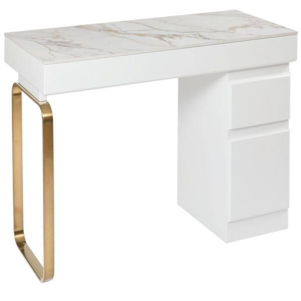 The Maia Nail Desk - White & Gold with White Gold Natural Stone Top by SEC