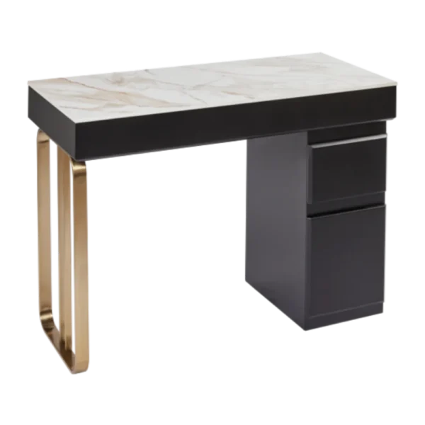 The Alia Nail Desk - Black & Gold with White Gold Natural Stone Top