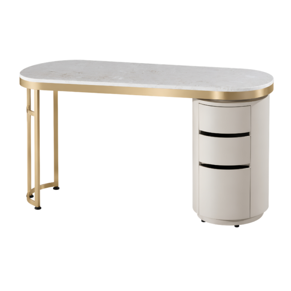 The Demi Nail Desk - Ivory & Gold with White Speckled Natural Stone Top