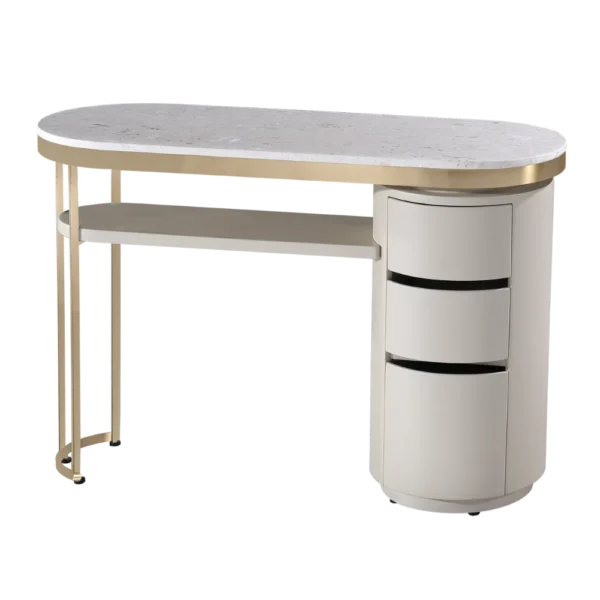 The Demi Nail Desk - Ivory & Gold with White Speckled Natural Stone Top
