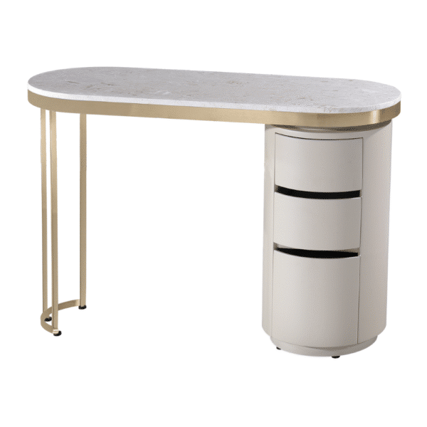 The Demi Nail Desk - Ivory & Gold with White Speckled Natural Stone Top by SEC