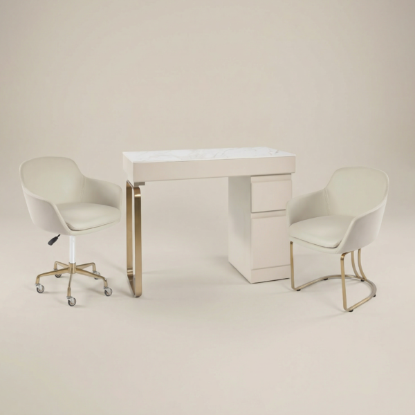 The Maia Nail Desk Package - Ivory & Gold with White Pattern Natural Stone Top by SEC