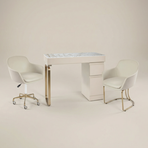The Maia Nail Desk Package - Ivory & Gold with White Speckled Natural Stone Top by SEC