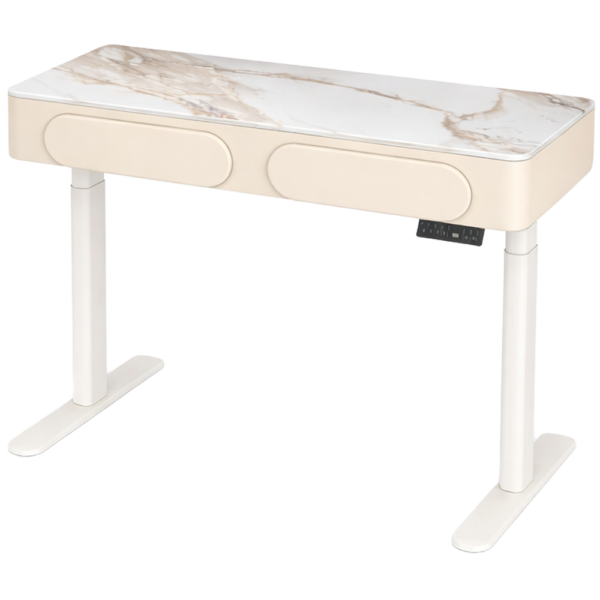 The Kendi Height Adjustable Accessible Nail Desk - Pure Ivory with White Gold Natural Stone Top by SEC