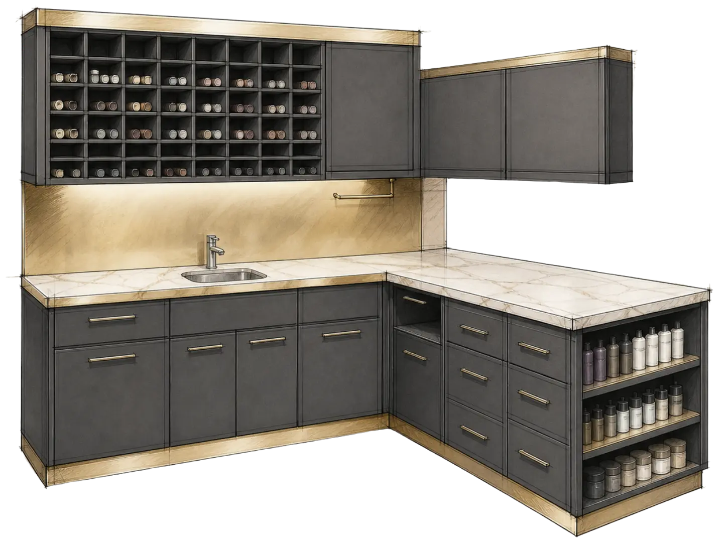 Custom graphite salon colour bar with storage, display shelves, worktops and a sink
