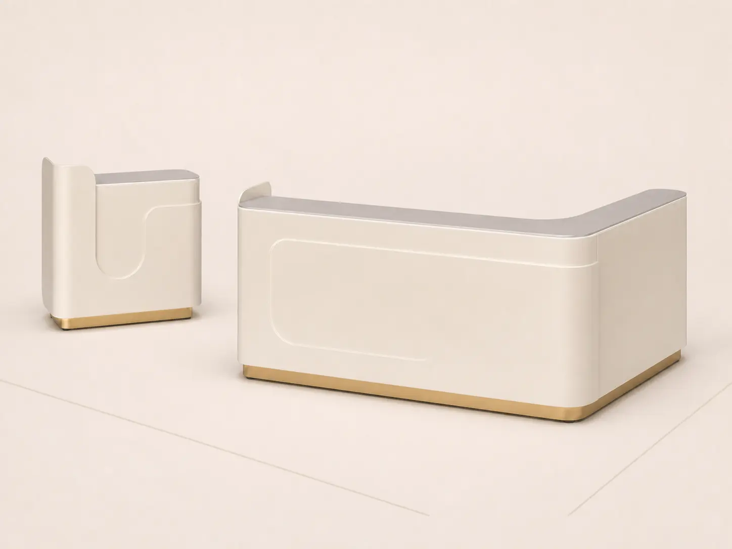 Straight and splayed reception desk versions designed for different room layouts