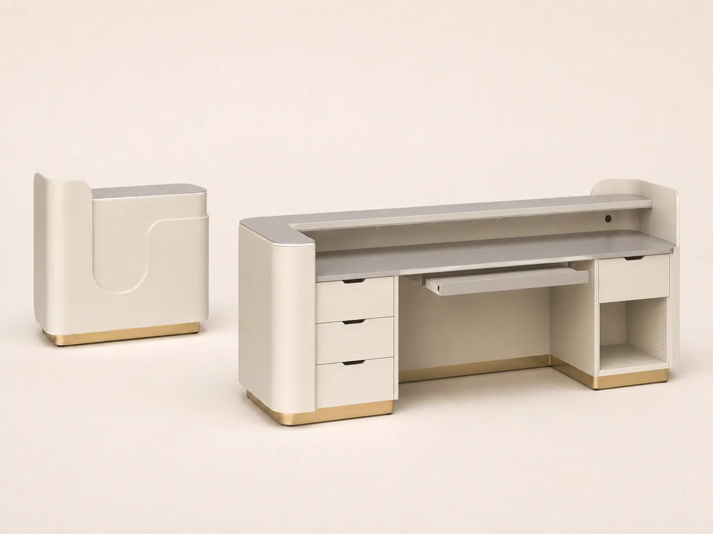 Cream salon reception desk adapted with drawers, shelving and a staff work surface