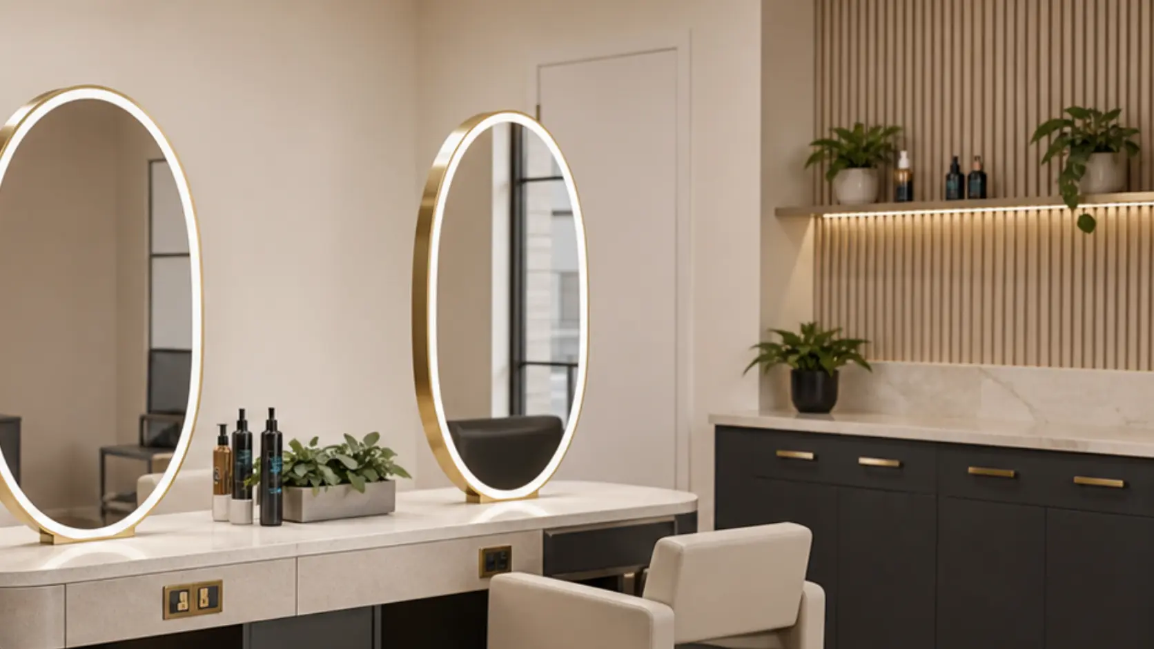 Stylist working with a client in a salon with coordinated chairs, mirrors and storage