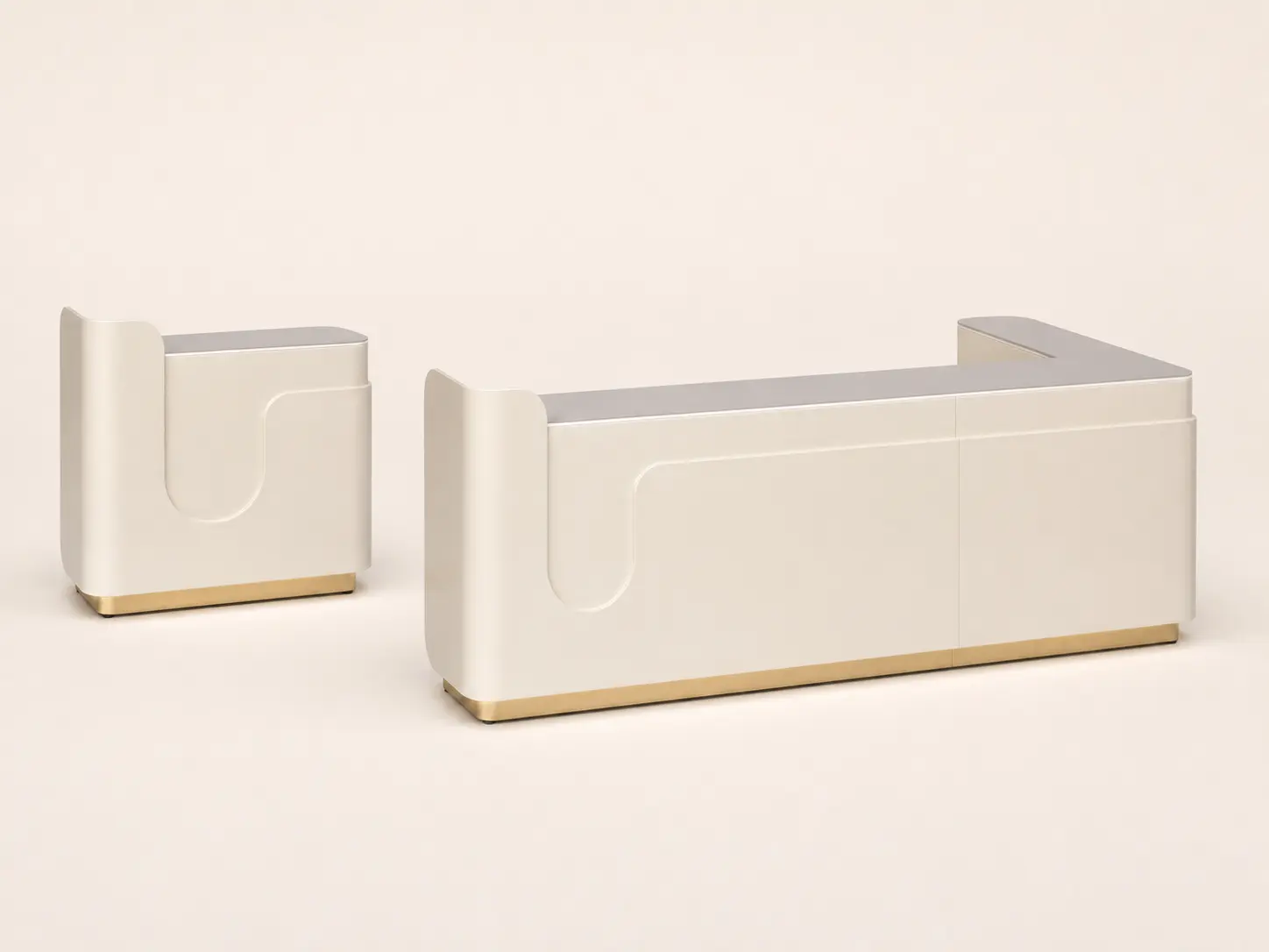 Straight and angled L-shaped versions of the same cream salon reception desk