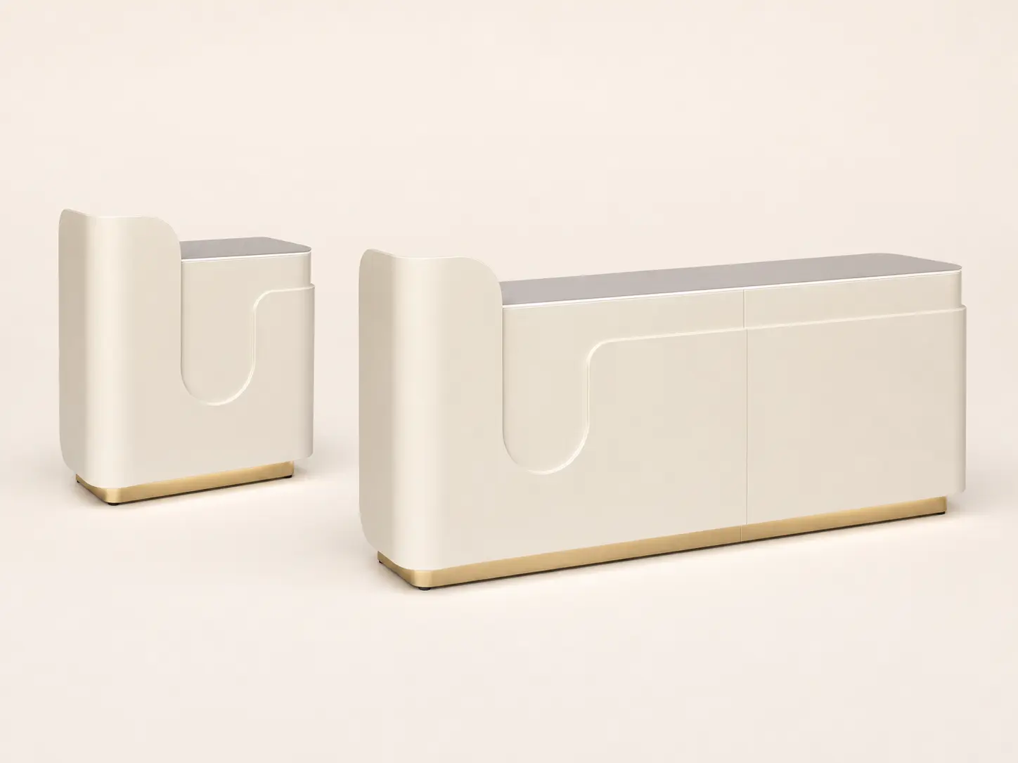 Compact and extended versions of the same cream salon reception desk