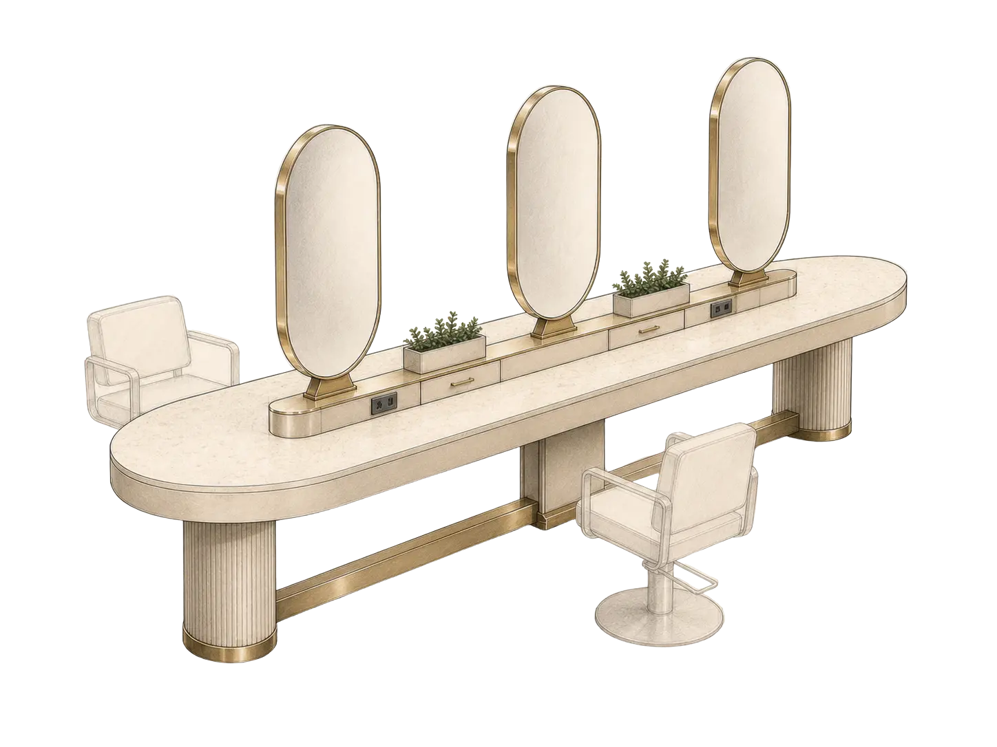 New salon styling unit designed with three mirrors and a shared work surface