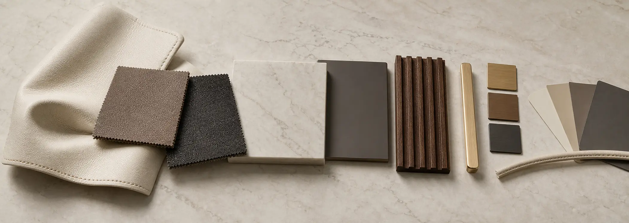 Mood board of cream and taupe upholstery, pale stone, charcoal, timber and brushed-metal finishes