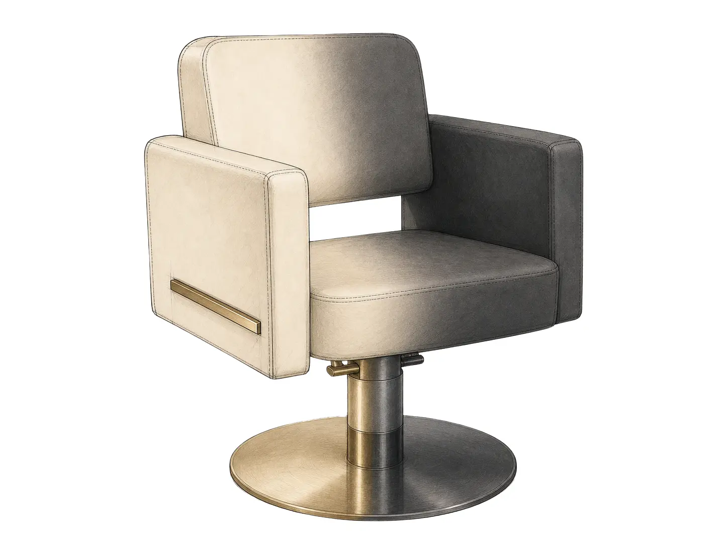 Salon styling chair in cream upholstery with gold-coloured details